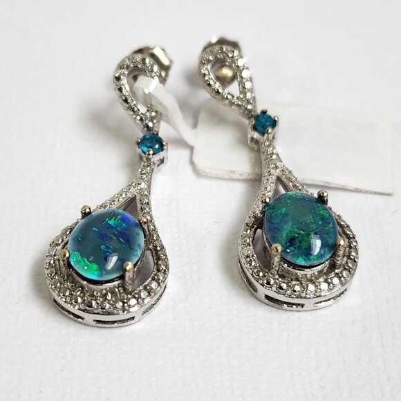 NWT 925 Natural Blue Ridge Opal Triplet & Apatite Art Deco Style Stud Earrings - Picture 3 of 14